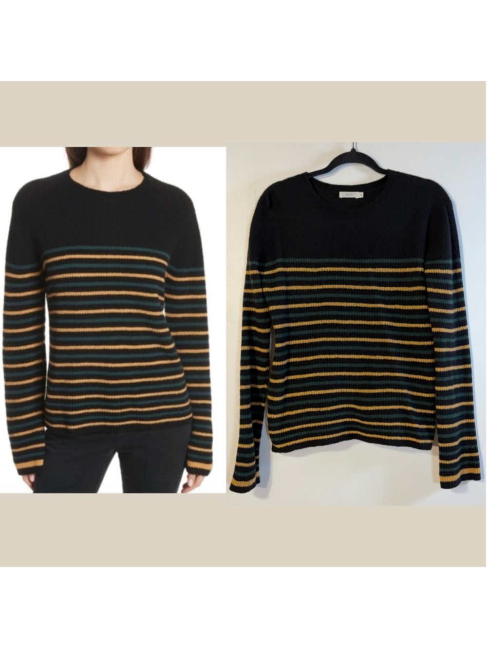 A.L.C. Black Yellow Meryl Striped Sweater Women’s Size XS Wool Blend Crewneck